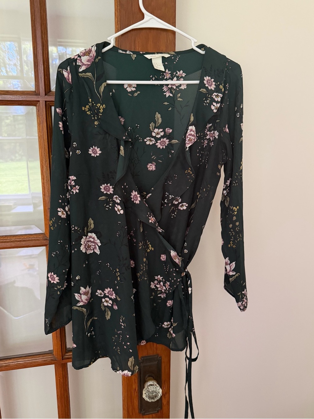 H&M Maternity Dark Green Floral Wrap Blouse with Pink Flowers